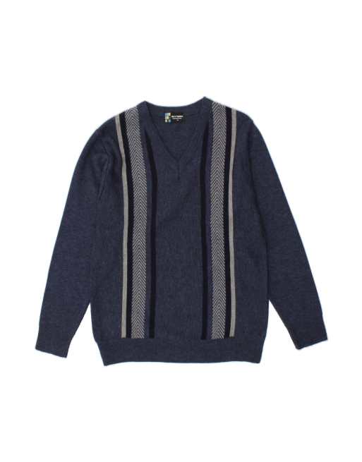 Vintage V-neck Jumper Sweater Medium In Blue Striped