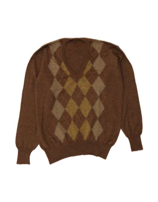 Vintage V-neck Jumper Sweater Medium In Brown Argyle/diamond
