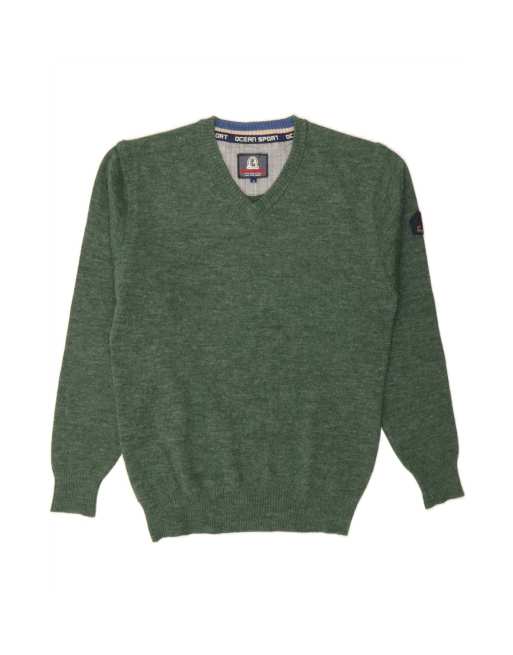 Vintage V-neck Jumper Sweater Medium In Green Merino Wool