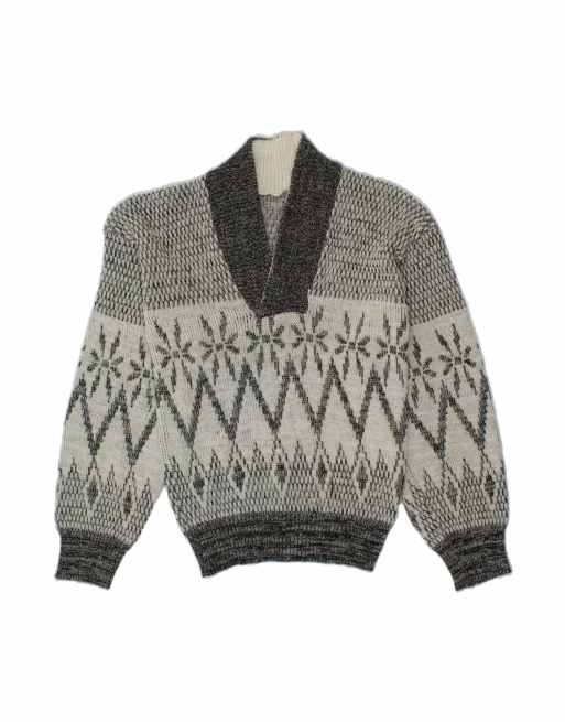 Vintage V-neck Jumper Sweater Medium In Grey Fair Isle