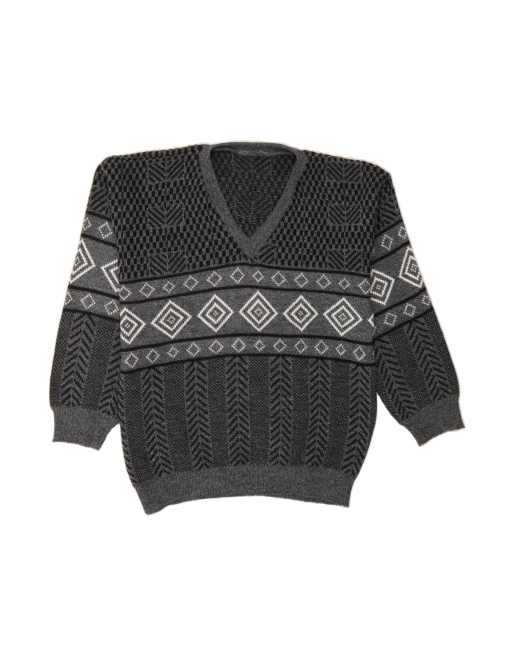 Vintage V-neck Jumper Sweater Medium In Grey Geometric