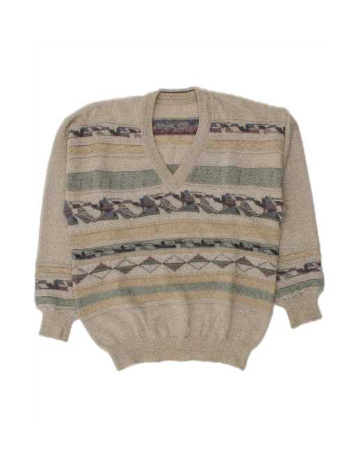 Vintage V-neck Jumper Sweater Medium In Grey Geometric
