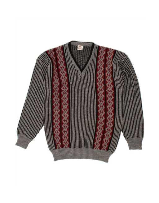 Vintage V-neck Jumper Sweater Medium In Grey Striped
