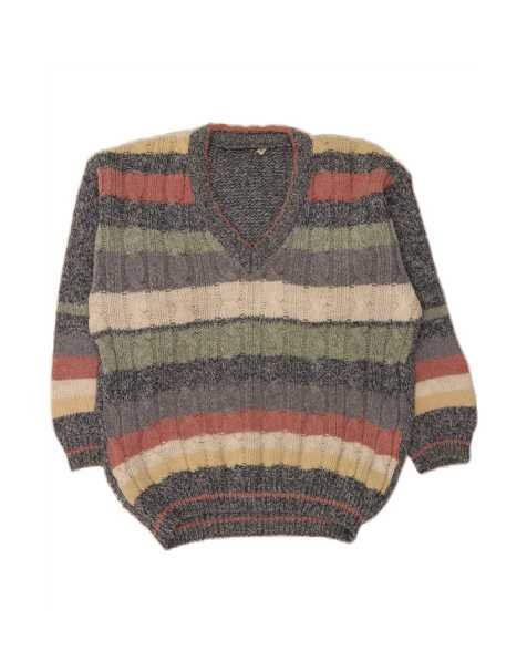 Vintage V-neck Jumper Sweater Medium In Grey Striped - view 1