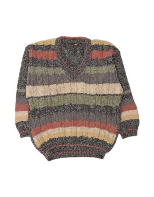 Vintage V-neck Jumper Sweater Medium In Grey Striped