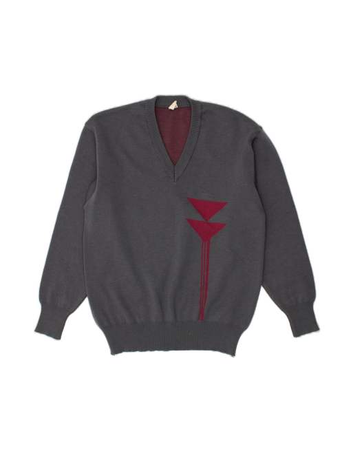Vintage V-neck Jumper Sweater Medium In Grey Wool