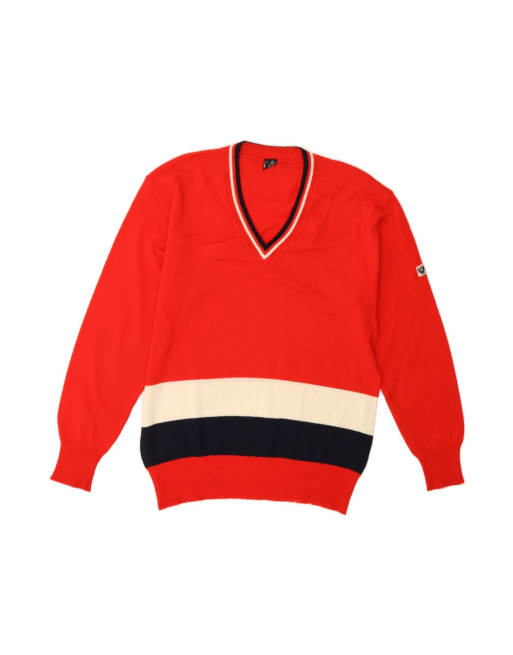 Vintage V-neck Jumper Sweater Medium In Red Striped Wool