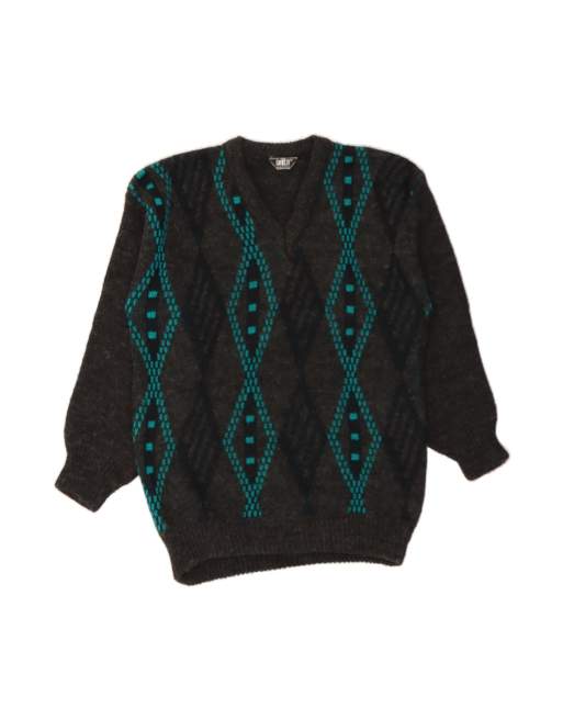 Vintage V-neck Jumper Sweater Small In Grey Argyle/diamond