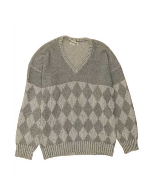 Vintage V-neck Jumper Sweater Small In Grey Argyle/diamond