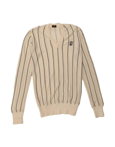 Vintage V-neck Jumper Sweater Small In Off In White Striped - view 1