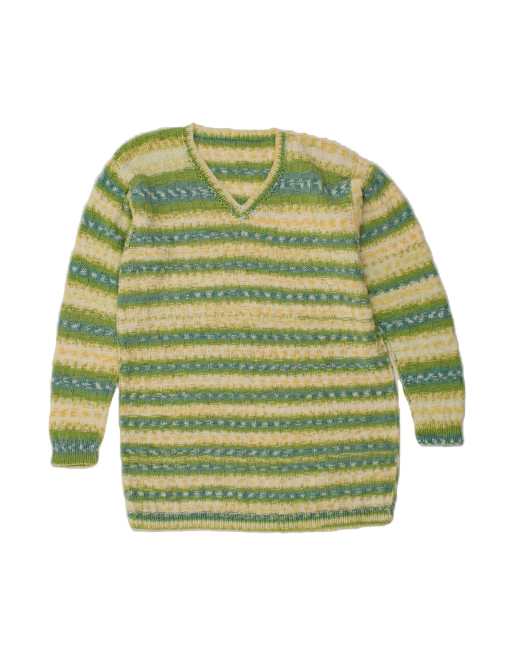 Vintage V-neck Jumper Sweater UK 10 Small In Green Striped