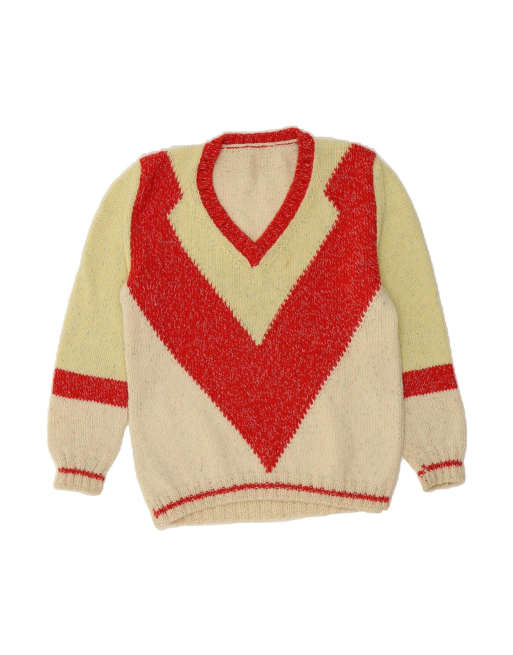 Vintage V-neck Jumper Sweater UK 12 Medium In Off In White Colourblock