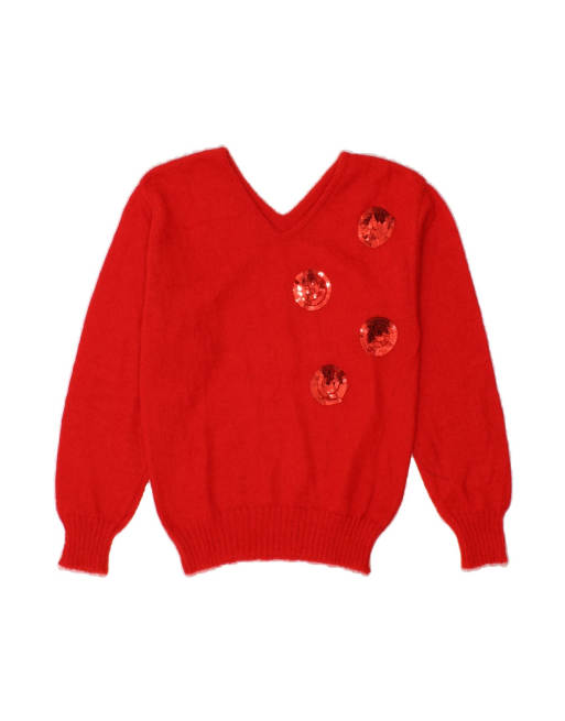 Vintage V-neck Jumper Sweater UK 12 Medium In Red