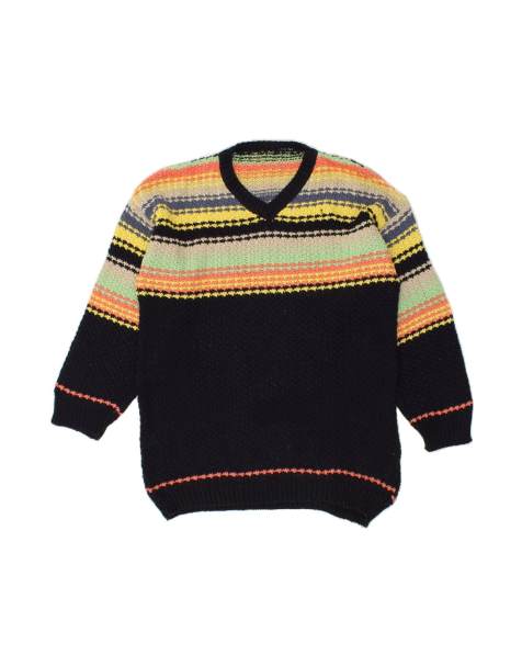 Vintage V-neck Jumper Sweater UK 14 Large In Black Striped - view 1