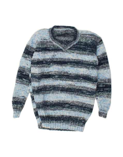 Vintage V-neck Jumper Sweater UK 14 Large In Blue Striped - view 1