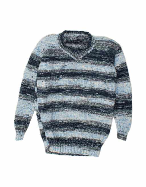 Vintage V-neck Jumper Sweater UK 14 Large In Blue Striped