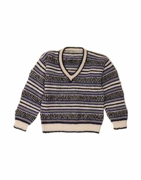 Vintage V-neck Jumper Sweater UK 14 Large In Grey Striped - view 1