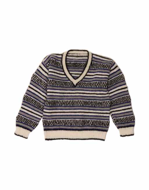 Vintage V-neck Jumper Sweater UK 14 Large In Grey Striped