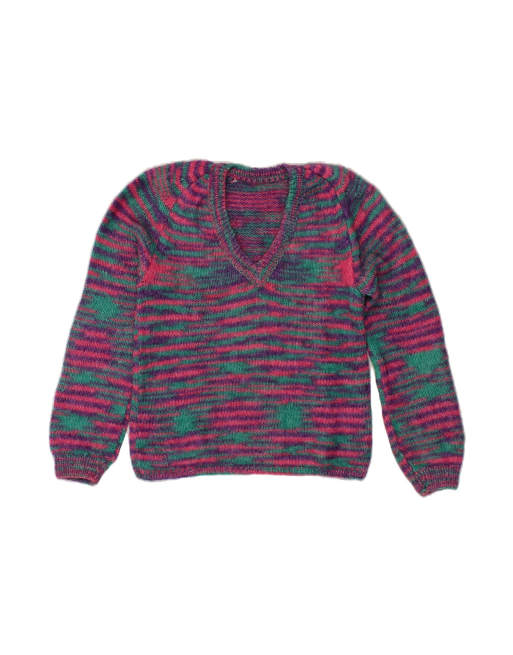 Vintage V-neck Jumper Sweater UK 14 Large In Multicoloured Striped
