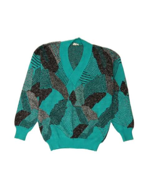 Vintage V-neck Jumper Sweater UK 14 Large In Turquoise Colourblock - view 1