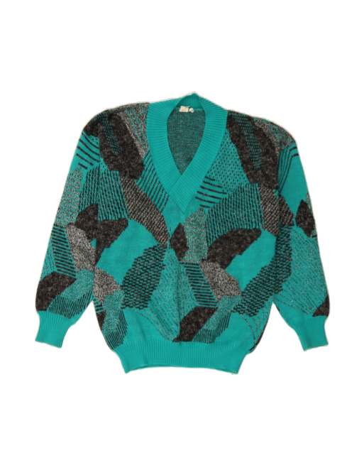 Vintage V-neck Jumper Sweater UK 14 Large In Turquoise Colourblock