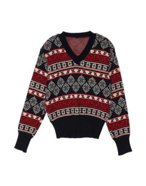 Vintage V-neck Jumper Sweater UK 14 Medium In Black Fair Isle - view 1