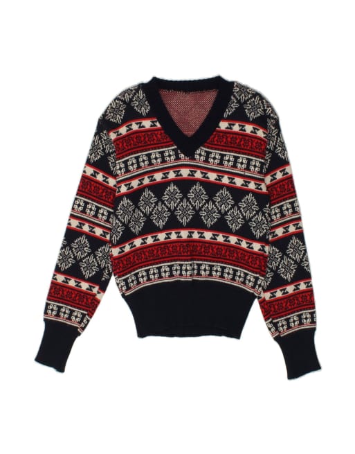 Vintage V-neck Jumper Sweater UK 14 Medium In Black Fair Isle