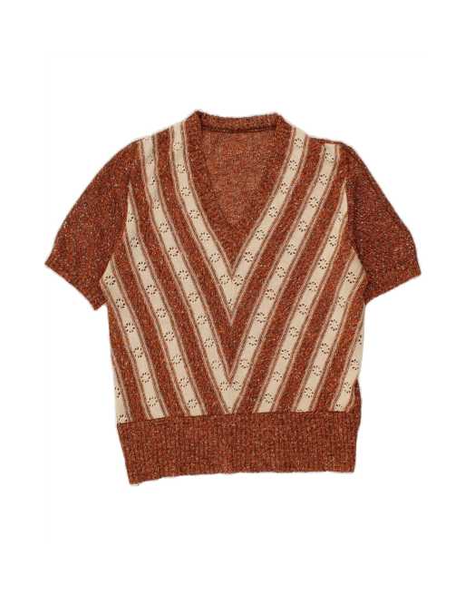 Vintage V-neck Jumper Sweater UK 14 Medium In Brown Striped