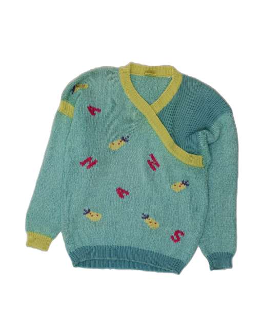 Vintage V-neck Jumper Sweater UK 14 Medium In Green Colourblock