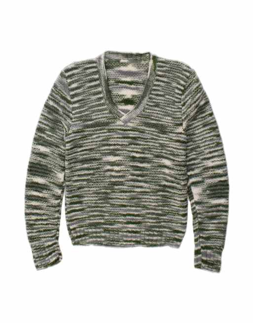 Vintage V-neck Jumper Sweater UK 14 Medium In Green Striped