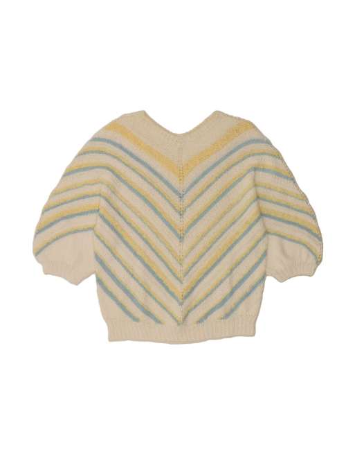 Vintage V-neck Jumper Sweater UK 14 Medium In Off In White Striped