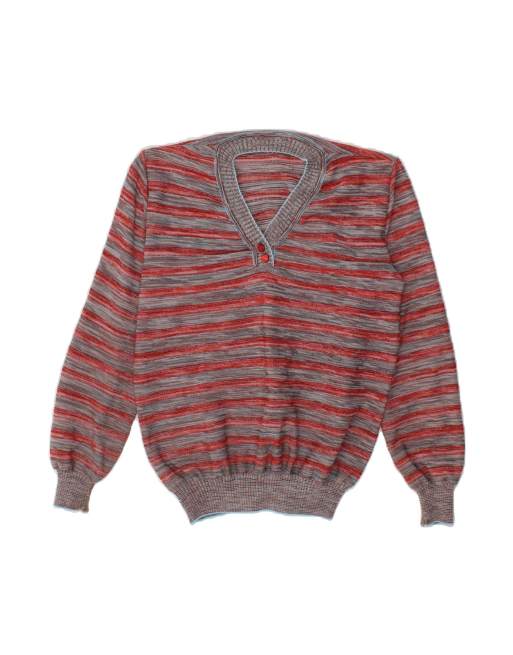Vintage V-neck Jumper Sweater UK 14 Medium In Red Striped