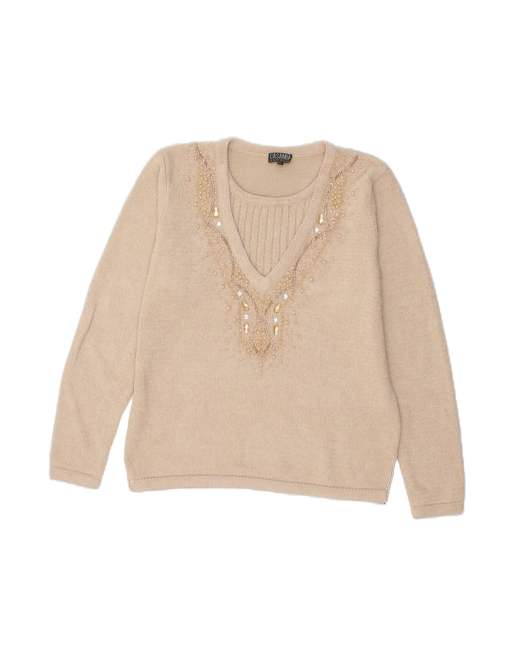 Vintage V-neck Jumper Sweater UK 16 Large In Beige