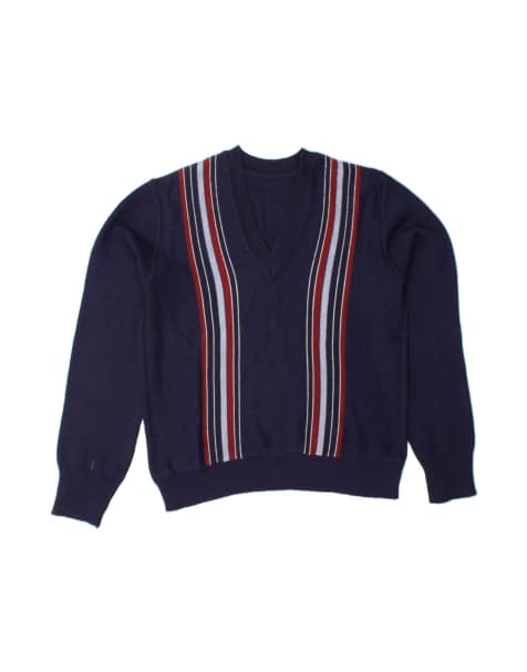 Vintage V-neck Jumper Sweater UK 16 Large In Blue Striped - view 1