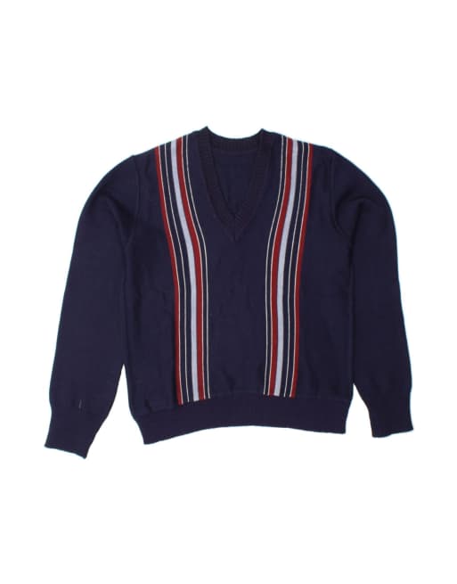 Vintage V-neck Jumper Sweater UK 16 Large In Blue Striped