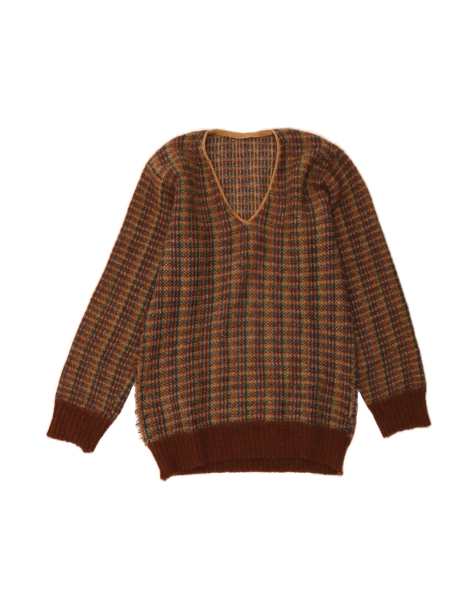 Vintage V-neck Jumper Sweater UK 16 Large In Brown Check - view 1