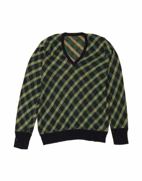 Vintage V-neck Jumper Sweater UK 16 Large In Green Check - view 1