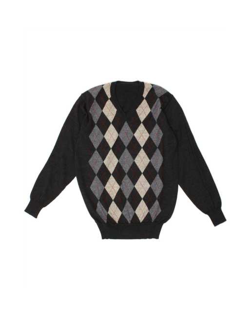 Vintage V-neck Jumper Sweater UK 16 Large In Grey Argyle/diamond