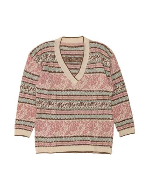 Vintage V-neck Jumper Sweater UK 16 Large In Multicoloured Fair Isle