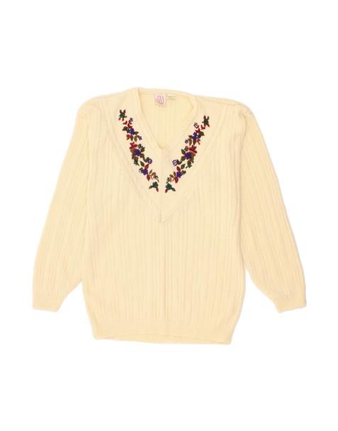 Vintage V-neck Jumper Sweater UK 16 Large In Off In White Floral - view 1
