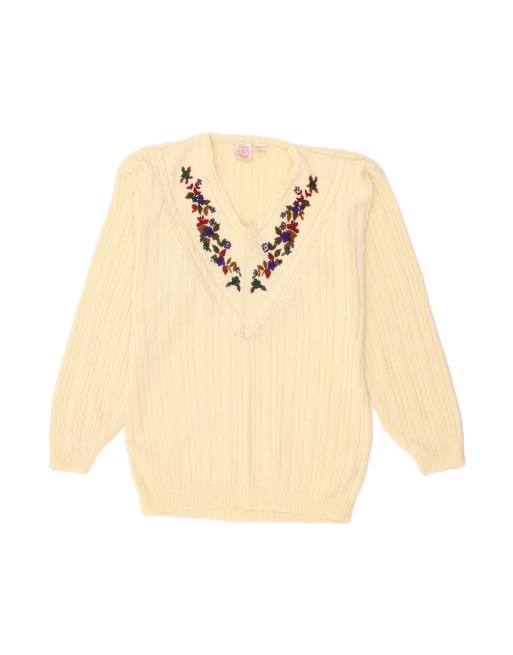 Vintage V-neck Jumper Sweater UK 16 Large In Off In White Floral