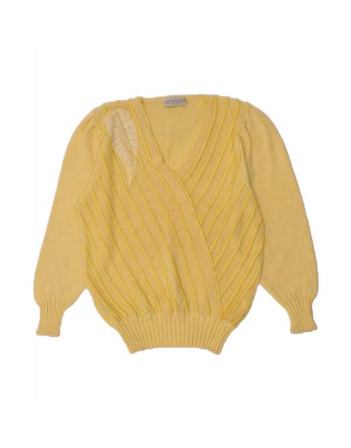 Vintage V-neck Jumper Sweater UK 16 Large In Yellow Striped