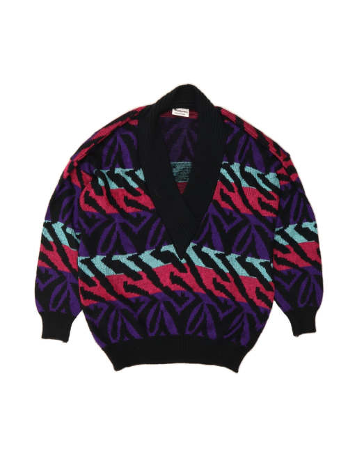 Vintage V-neck Jumper Sweater UK 18 XL In Multicoloured Striped