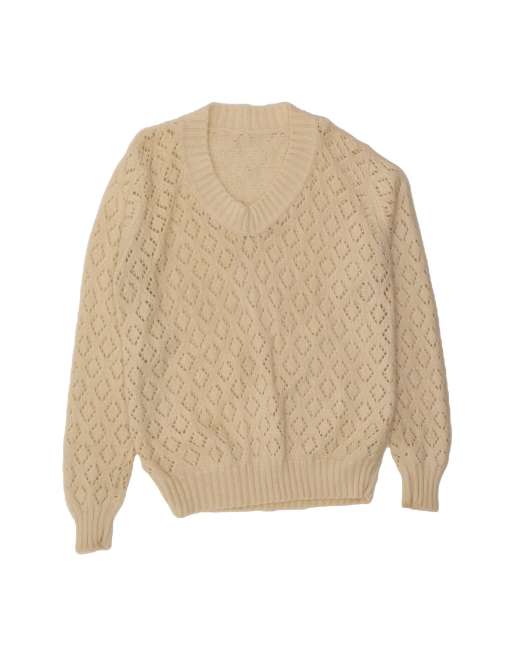 Vintage V-neck Jumper Sweater UK 18 XL In Off In White Argyle/diamond
