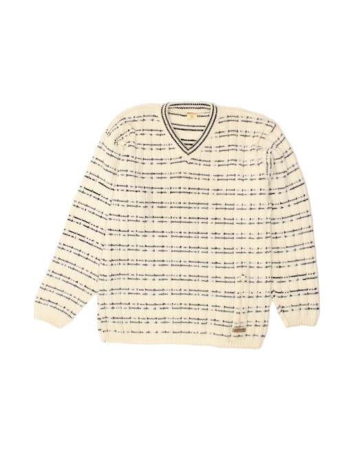 Vintage V-neck Jumper Sweater UK 18 XL In White Striped