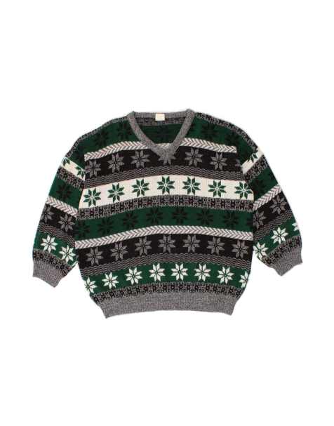 Vintage V-neck Jumper Sweater UK 20 2XL In Green Fair Isle - view 1