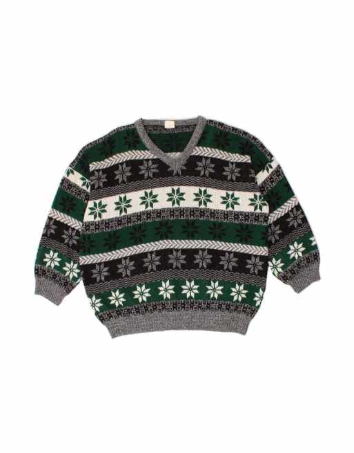 Vintage V-neck Jumper Sweater UK 20 2XL In Green Fair Isle