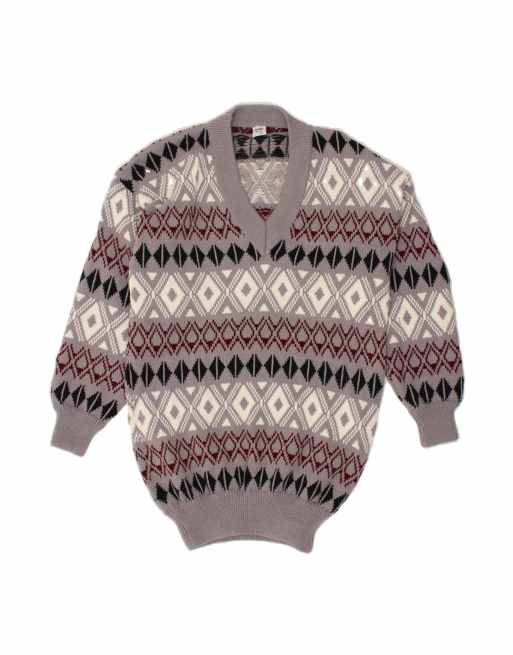 Vintage V-neck Jumper Sweater UK 20 2XL In Grey Fair Isle