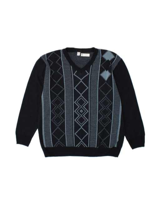 Vintage V-neck Jumper Sweater UK 44 XL In Blue Argyle/diamond