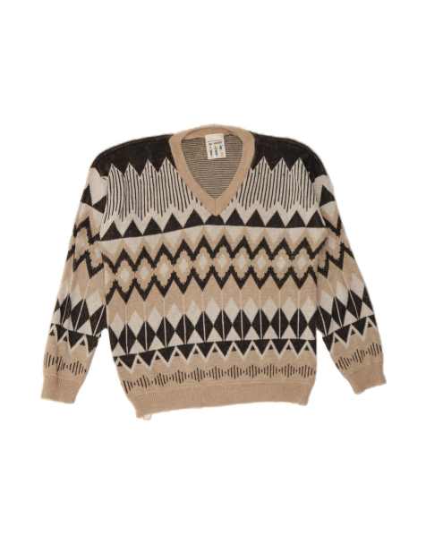 Vintage V-neck Jumper Sweater XL In Beige Fair Isle - view 1